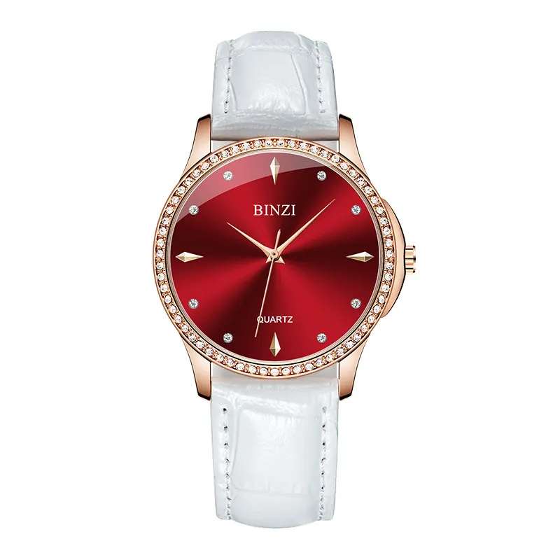 

2019 Luxury/Fashion Women Watches Rose Gold white Leather Ladies Quartz Wristwatches Diamond Red Female Clock Relogio Feminino