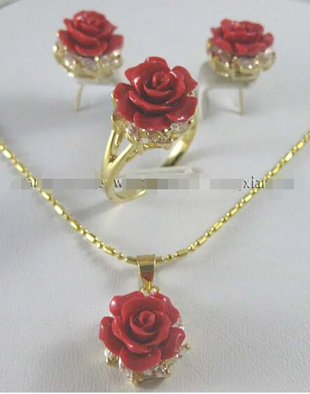 

hot sell new - 12MM Red Coral Carved Flower Earrings Ring Necklace Pendant set (A0425)