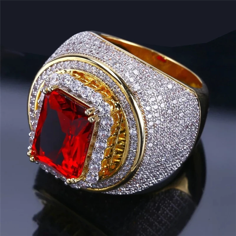

Hot Fashion Big Male Wide Red Zircon Stone Geometric Ring Luxury Yellow Gold Iced Out Wedding Rings For Men Women Hip Hop Z3C175