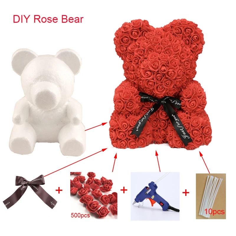 Foam Bear Mold PE Rose Artificial Flower Heads Rose Bear White Mold and Gift Box DIY Rose Bear Accessories Bag