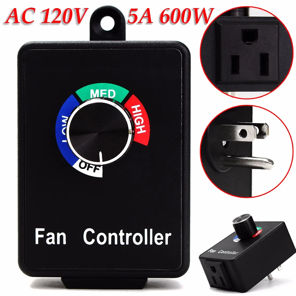 US Plug Electric Motor AC 120V 5A 600W Fan Controller Switch Active