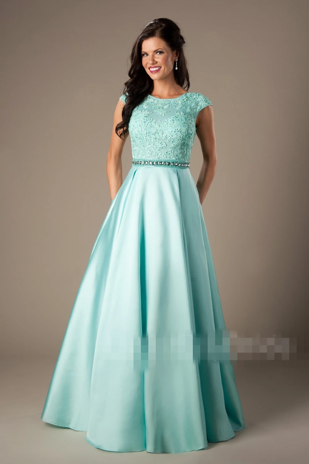 Mint Satin Lace Long Modest Prom Dresses 2019 Cap Sleeves A line Beaded ...