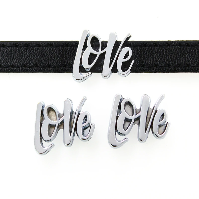 

8mm Hole Silver LOVE Letters Slide Charms Beads DIY Accessories Handmade Jewelry For 8mm Bracelets Key Chains Pet Collar