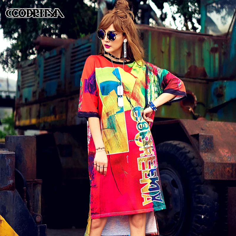 Уличное платье в стиле хип-хоп с разноцветным принтом граффити, женское летнее свободное платье большого размера с коротким рукавом, повседневные платья Харадзюку