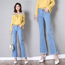 Новые летние микро расклешенные брюки женские девять точек высокой талии корейский тонкий секционный деним ulzzang микро-пу брюки