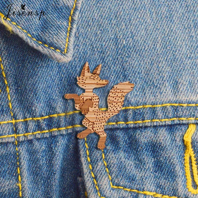 Dancing Fox Pin Badge Wood Brooch