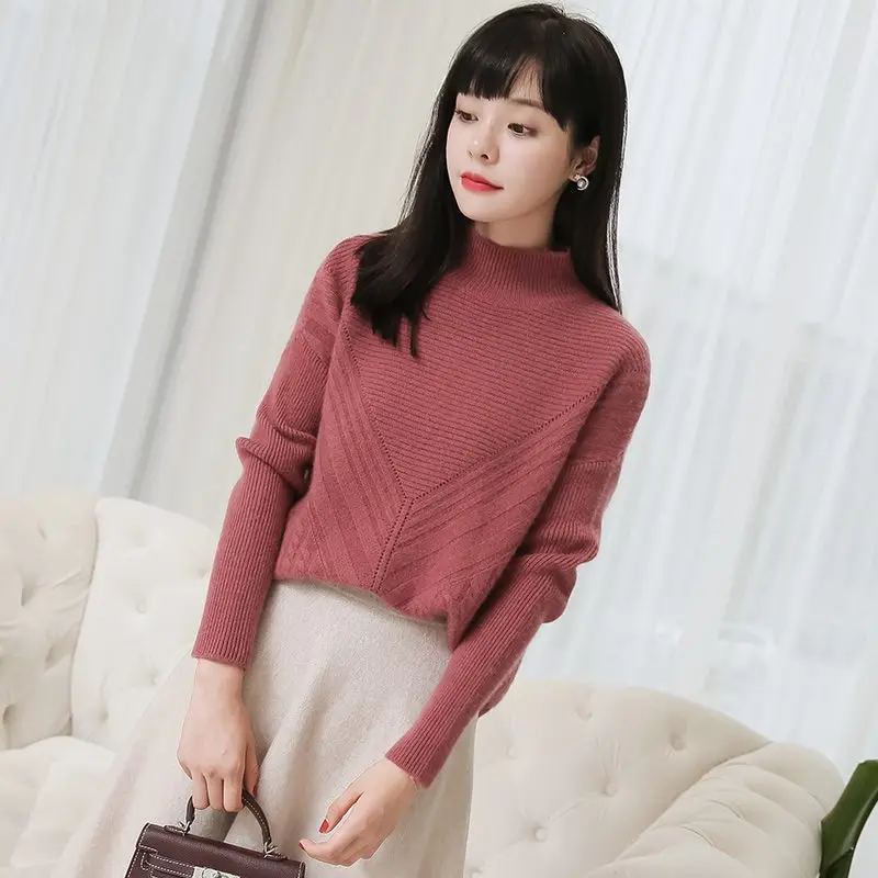 

2018 Women 100% Thick Pullover Cashmere Rib High Neck Diamond Brocade And Cable Long Rear Pullover 7G Sweater Winter jumper r28