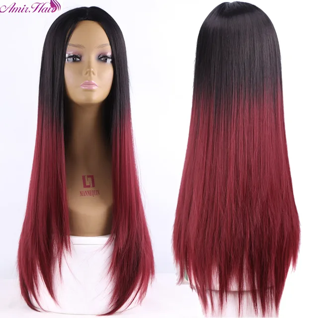 Ombre Two Tone Synthetic Dark Red Hair Wigs Natural Cheap Long