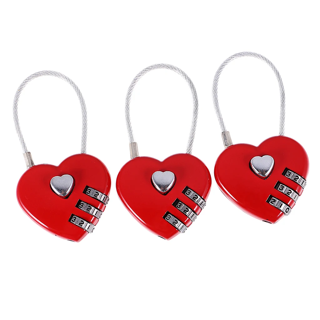 3Pcs Love Heart Wire Combination Padlock Diary Travel Locker Set Pendant Red