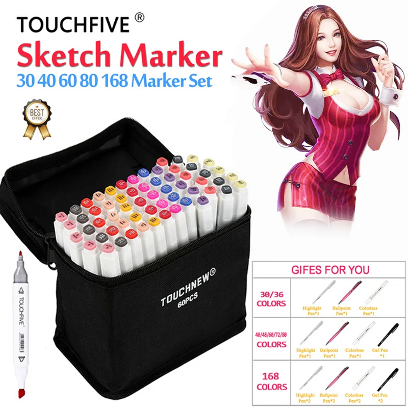 Touchfive Искусство Маркер 30/40/60/80/168 Цвета Комплект алкогольных фломастеры на водной