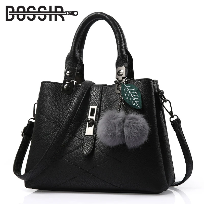 

2019 New Fashion Women Tote Bag With Fur Ball PU Leather Female Handbags Top-handle Shoulder Women Messenger Bags
