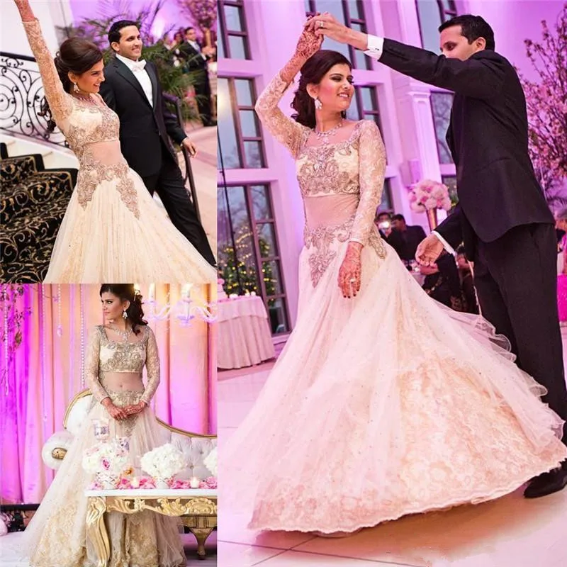 Embroidery Indian Long Sleeves Wedding Dresses Square Neck Sequins