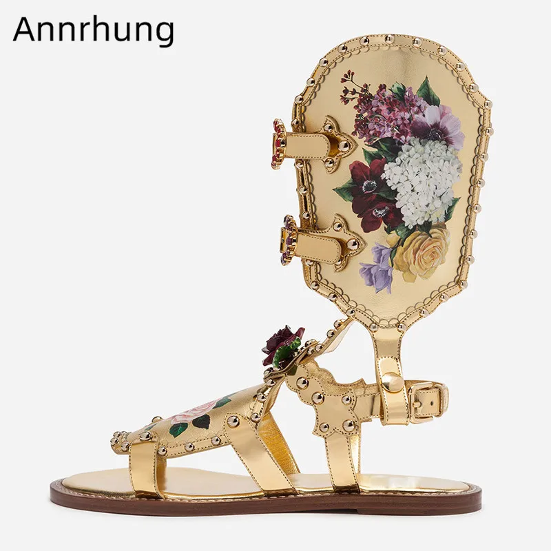 

Flower Flat Gladiator Ankle Boots Women Cut Out Peep Toe Summer Botas Crystal Buckle Rivet Gold Summer Short Booties Mujer 2019