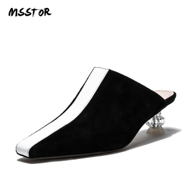 

MSSTOR Kid Suede Women Slippers Elegant Mixed Colors Basic Outside Square Toe Summer High Heels Transparent Fashion Ladies Shoes