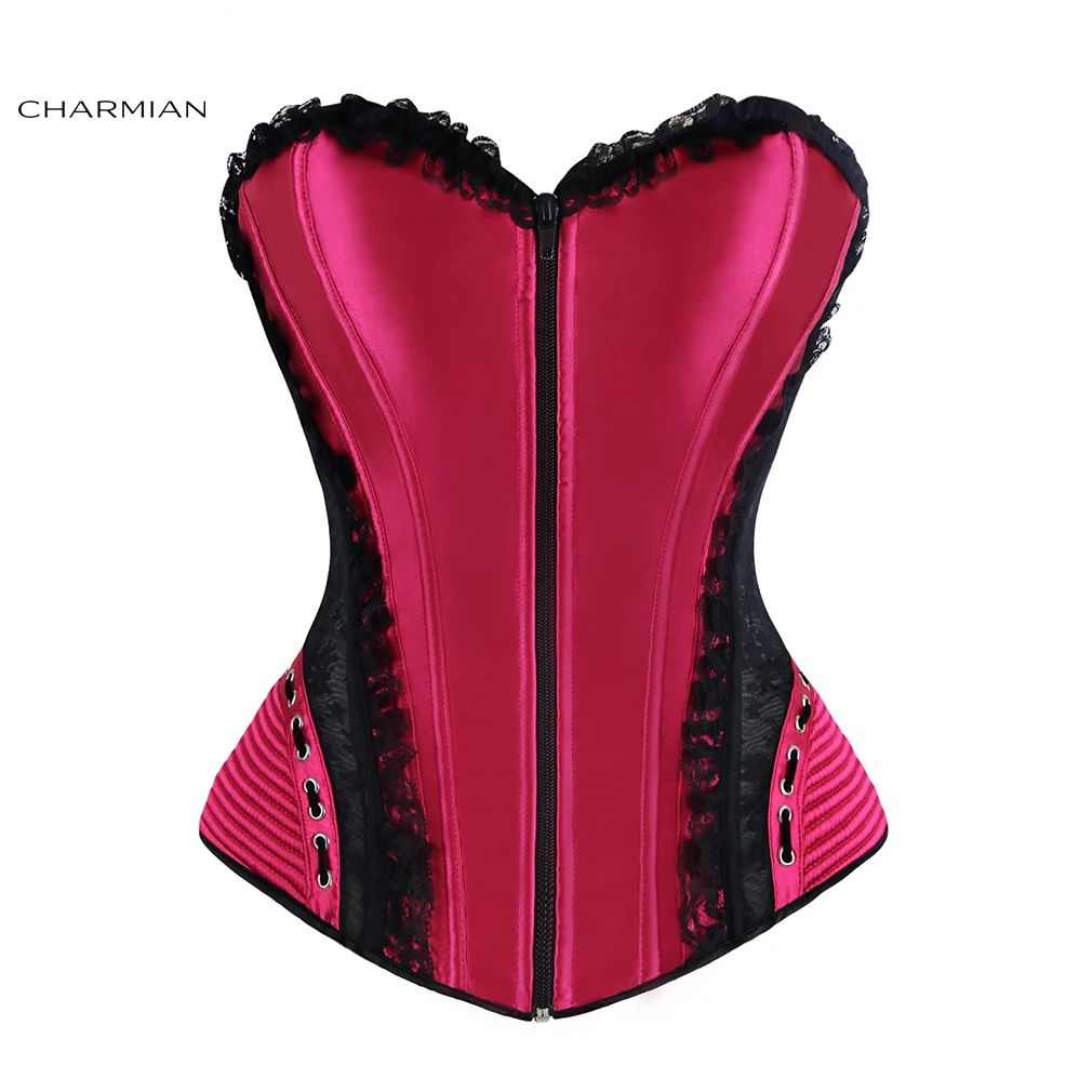 Charmian Women's Elegant Bridal Overbust Corset Satin Black Lace