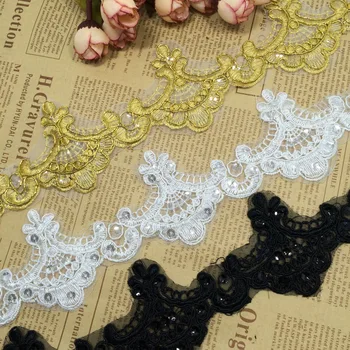 

10Yards Black White European Embroidery Wedding Veil Lace Trim Handmade DIY Materials Gold Sequin Lace Fabric Decor Accessories
