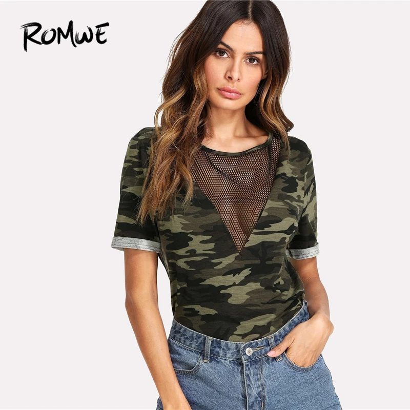 ROMWE Сетчатая футболка с камуфляжным принтом, Женская мода, летние топы с короткими рукавами, одежда с круглым вырезом, женская футболка