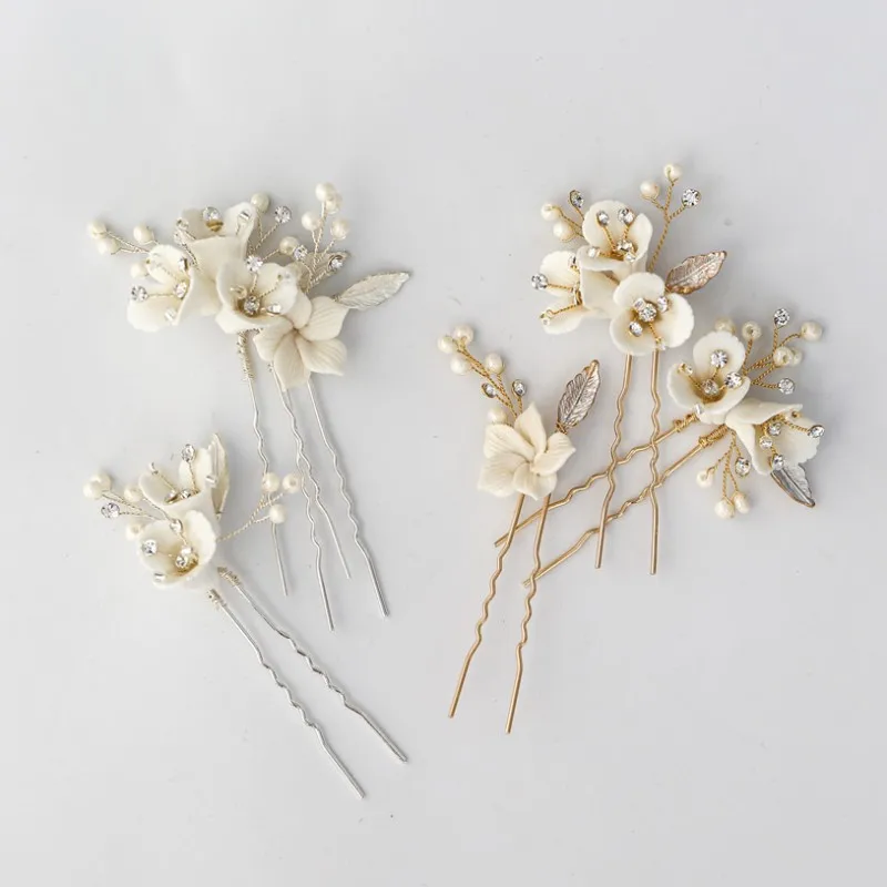 Women bridal white flower rhinestone pearl hair clip wedding hair accessories HI 