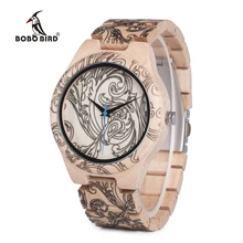 BOBO BIRD WO07 Pine Wooden Quartz Watches for Men UV Printing Tattoo Watch In Wood Box With Tool Adjust Size Dropshipping