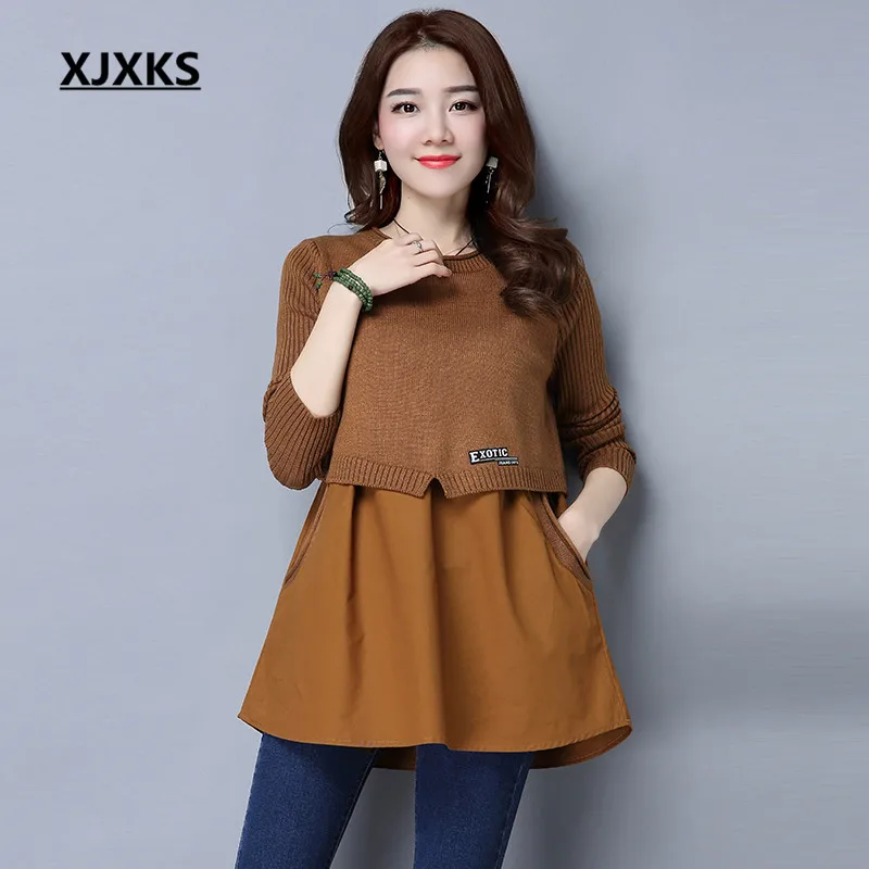 

XJXKS Women Sweaters And Pullovers Solid Cashmere Chiffon Patchwork Casual knit Spring Autumn Pockets Woman Sweater 01171