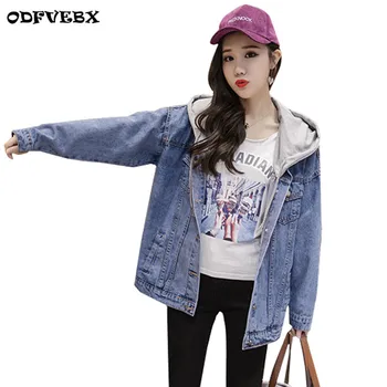 

Hooded spring denim jacket women's autumn casual denim jacket version of Harajuku wind loose large size cowboy coat Tops ODFVEBX
