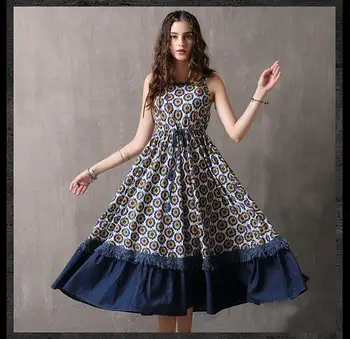 

Vintage Spaghetti Strap Long Dress Retro Print Swing Dress Summer Women String Waist Sundress Robe Femme