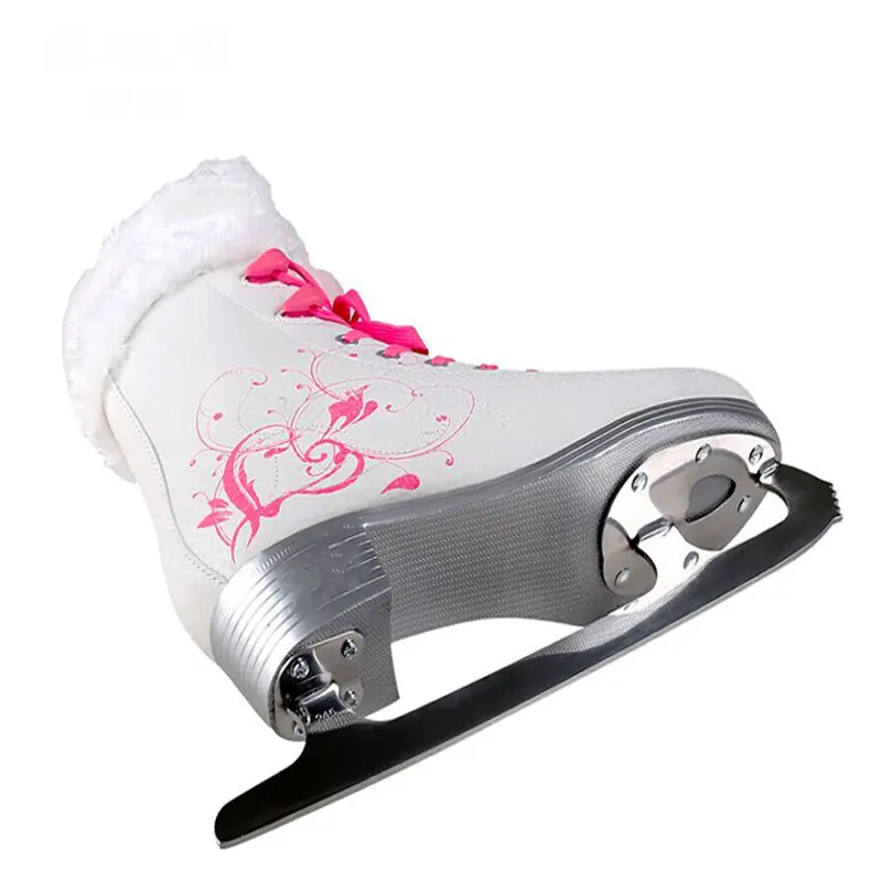 مصنع منفذ الفتيات الأبيض الشكل سكيت أحذية ، المرأة الجليد الزلاجات مع الدافئة قصيرة أفخم ذائع الصيت ، PVC وحيد الفتيات الرقم تزلج الأحذية