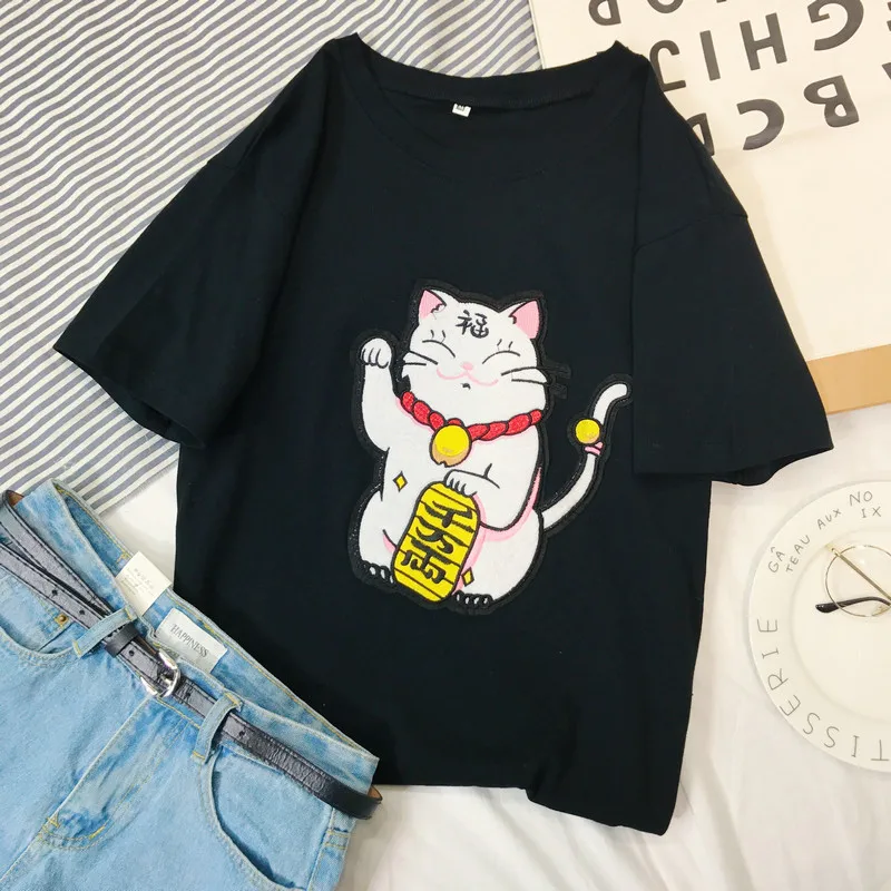 هياواثا الكرتون لاكي القط تي شيرت 2018 المرأة الصيف كم قصير القمم تيز الأزياء التطريز تي شيرت t070 هياواثا الكرتون لاكي القط تي شيرت 2018 المرأة الصيف كم قصير القمم تيز الأزياء التطريز تي شيرت t070