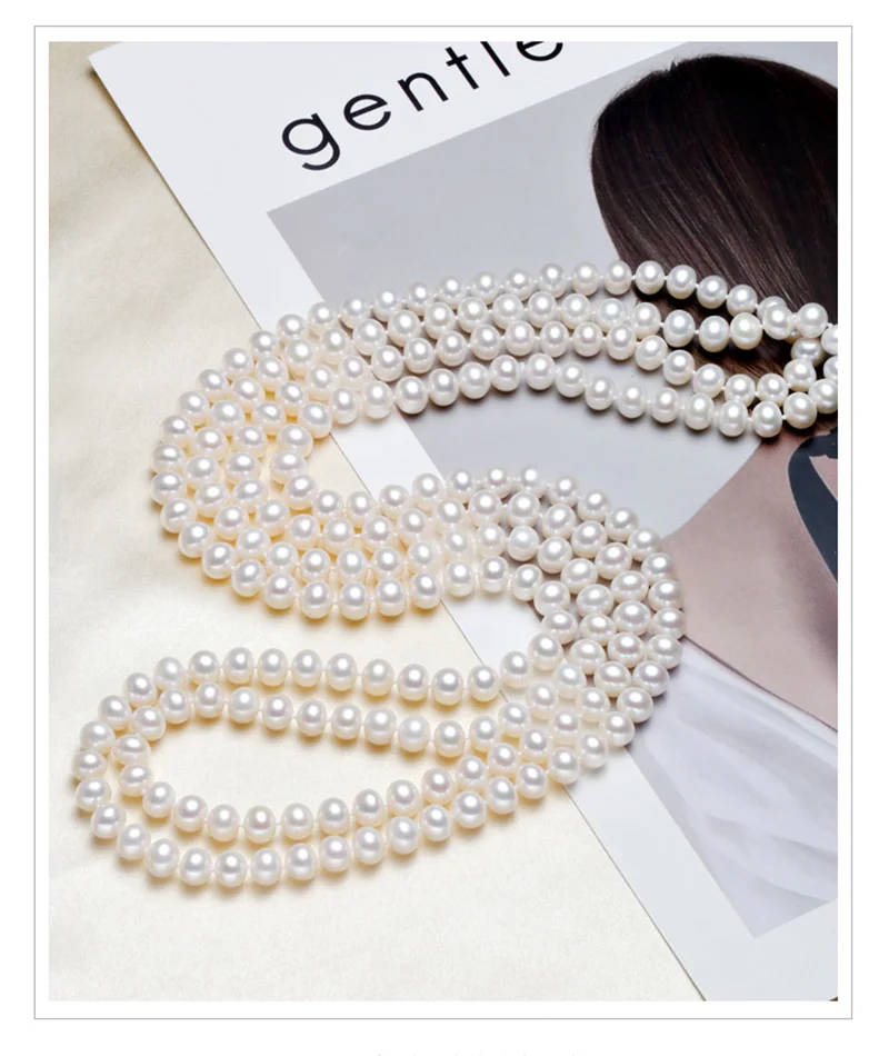 Sinya Classical pearls strands long necklace 7-8mm round pearls beads sweater chain for women Mom girls suit four seasons wear  (5)