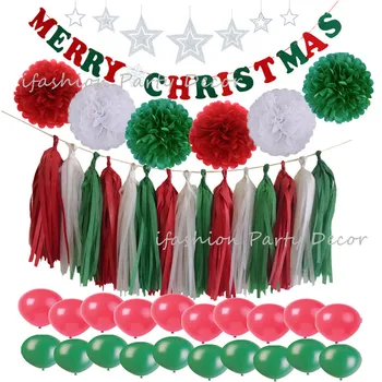 

Christmas Party Paper Decorations Red Green Paper Pom Poms Paper Tassel Star Hanging Decor Xmas Accessory Holiday Party Supplies