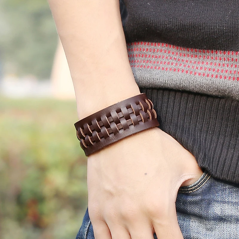 Браслет Шарм Мужской плетеный из натуральной кожи в стиле ретро|bracelets for|leather wrap