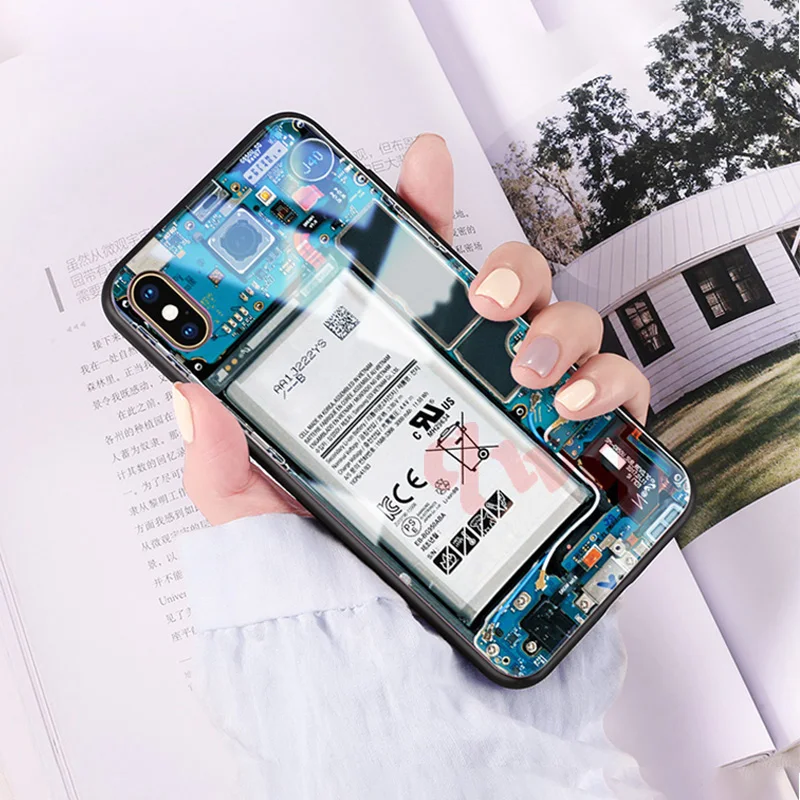 Circuit Board Tempered Glass Hard Back Phone Cases For Iphone 6 6S 7 8 Plus Full Cover For iphone X XR Xs Max TPU Soft Edge Case-11