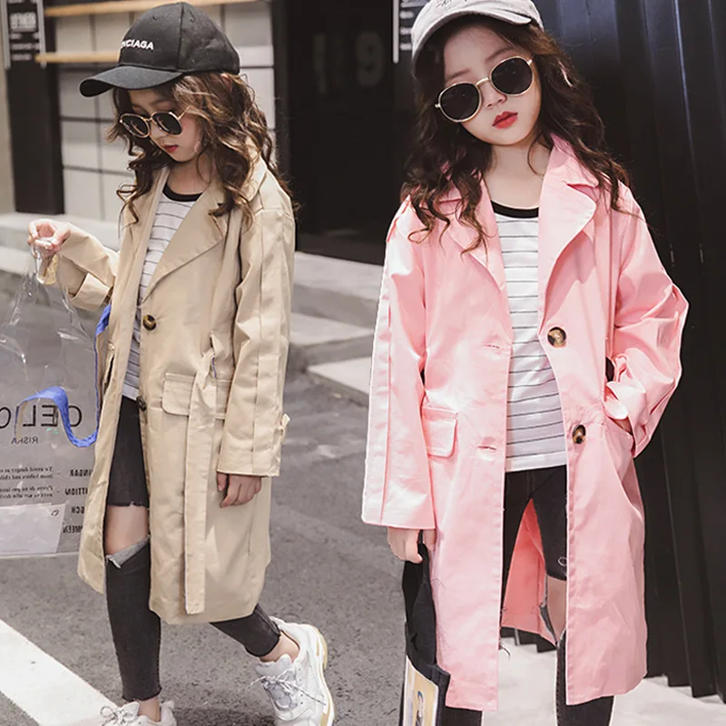 

6 - 16 Y Long Jacket Coat for Girls Autumn 2018 Kids Khaki Cotton Jacket with Belt Turn-down Collar Coats Girls Clothing M528A