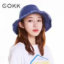 COKK женская панама, женская джинсовая ткань, летняя Солнцезащитная шляпа для женщин, Мужская Панама, шляпа для рыбалки с кисточками, черный, синий, хлопок