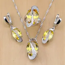 Натуральный светильник, желтый кубический цирконий, 925 пробы, серебряные Ювелирные наборы для женщин, свадебные серьги/кулон/ожерелье/кольца