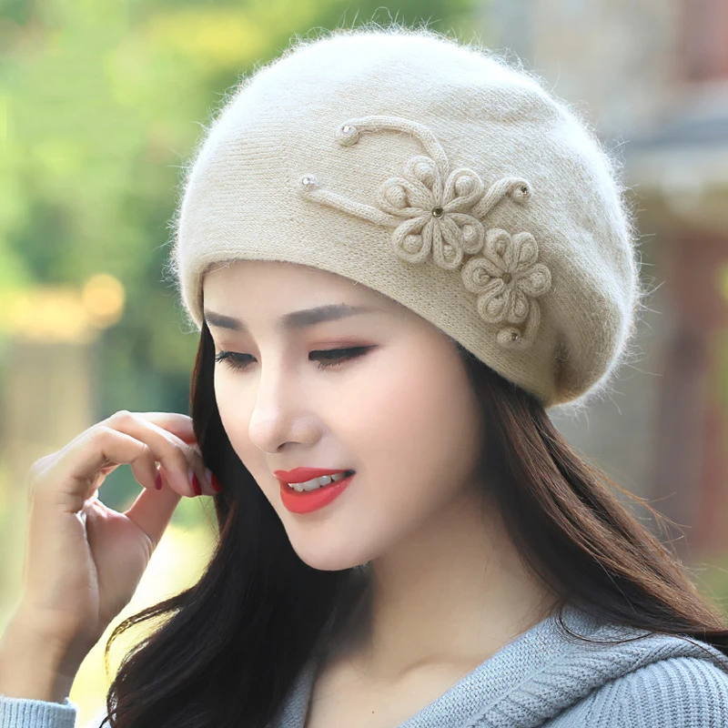 Женская шапка, зимний Ангорский берет, теплая вязаная повязка с цветами, повседневный мягкий классический теплый зимний аксессуар