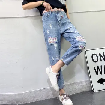 

causal style regular fit destroy wash ripped hole patchwork patches denim blue jeans pants trousers for girls ladies women