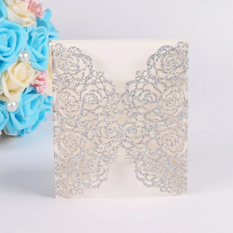 5 комплектов Романтический лазерной резки цветы пригласительные карты блестящая бумага свадебные пригласительные карты свадебные принадлежности - Color: silver