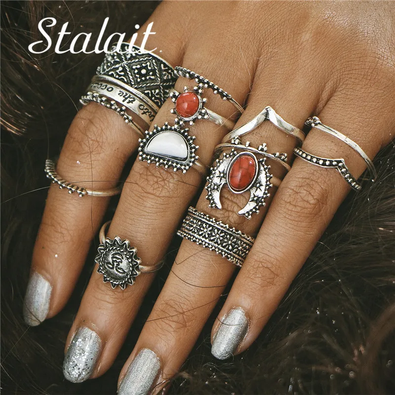 

14pcs/Set Fashion Vintage Silver Color Moon And Sun Knuckle Rings Bohemian Red Big Stone Midi Female Ring Sets for Women Gift
