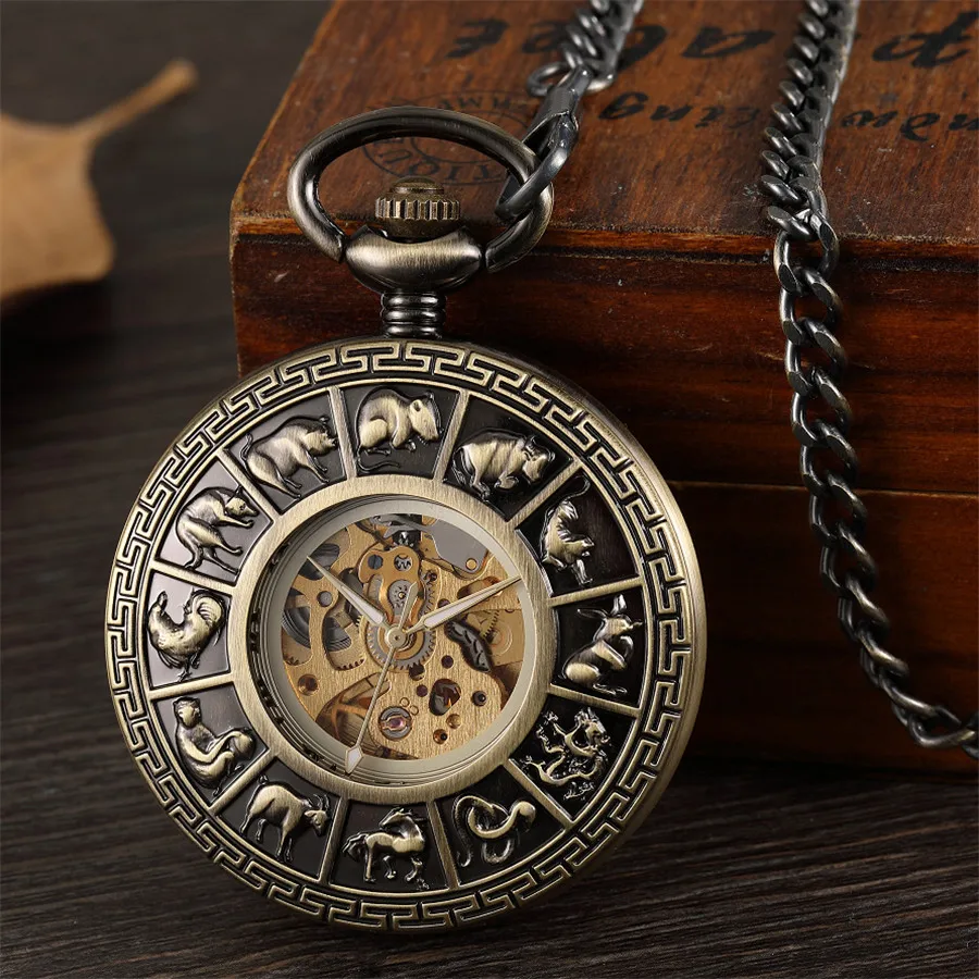 

Twelve Animal Carvings Hand Wind Mechanical Pocket Watch Men Black Bronze Steampunk Vintage Pendant Fob Watch With Chain
