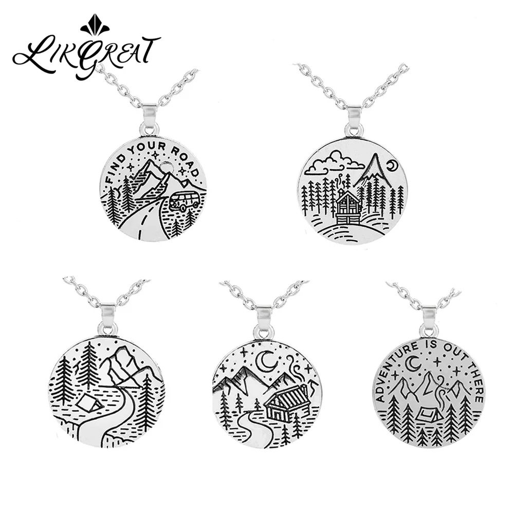 

LIKGREAT Palm Tree Engraved Outdoor Travelling Scenery Camping Necklace Mountain Pendant Round Charms Link Chain Adjustable