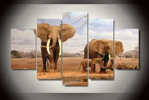 

5 Pieces HD Canvas Painting Print African Elephant Modular For Modern Decorative Bedroom Living Room Home Wall Art Decor