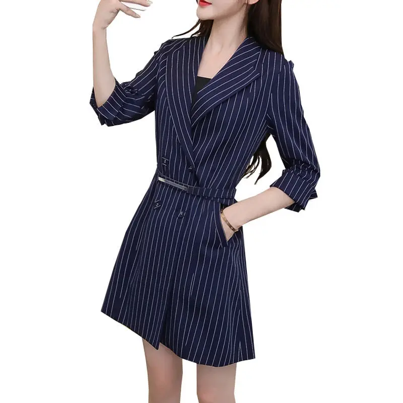 

2019 New Fashion Long Striped Blazer Dress With Belt OL SlimThin Suit Tops Lapel Half Sleeve Professional Lady Work Dress f788