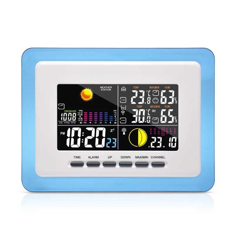 

DYKIE Thermometer Hygrometer Desk Alarm Clock Most 3 Sensors Color LCD Screen Time Date Air pressure Wireless Weather Station