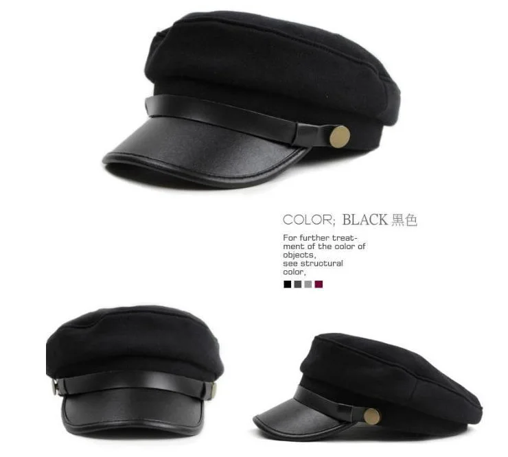 Новинка, модная кепка с моряком и лодкой, военные шапки, остроконечная Кепка, черная бейсболка, плоская кепка для женщин, Берет шерстяной головной убор - Цвет: black