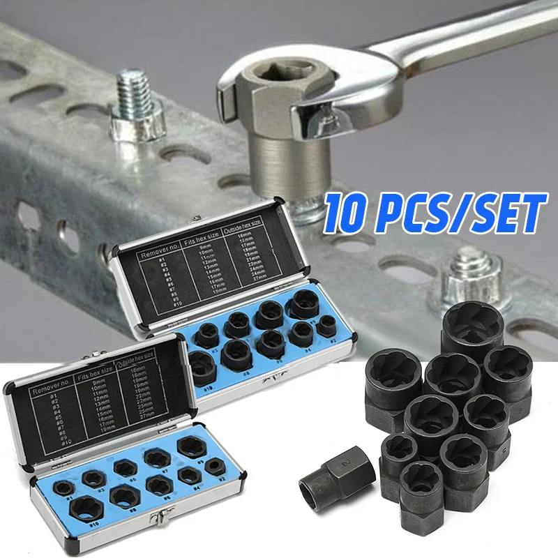 

10Pcs/Box Nut Remover Kit Damaged Bolt Extractor Broken Screw Removal Socket Tool Screws Threading Removing Tools Set