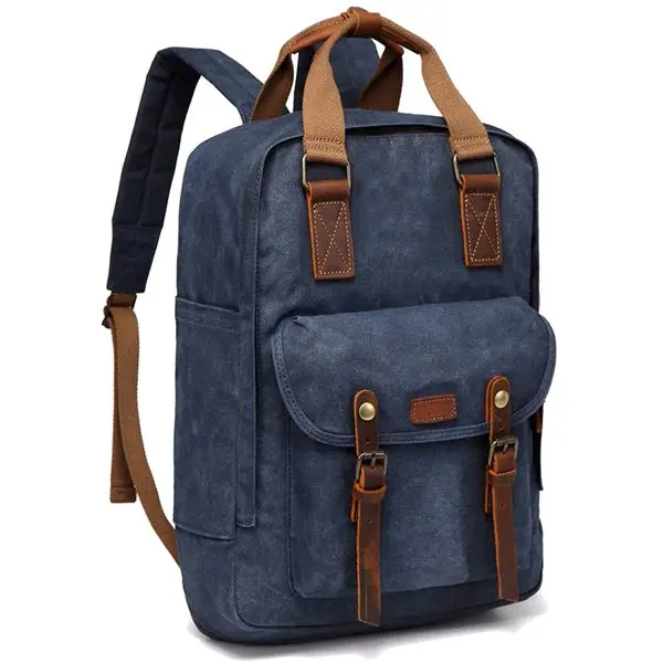 VASCHY винтажный рюкзак для ноутбука, мужской вощеный Холщовый кожаный школьный рюкзак, водостойкий ретро повседневный ранец, противоугонная сумка - Цвет: Navy