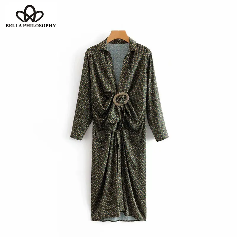 Wonder 2018 new autumn vintage long sleeve pleated  buckle decoration print midi dress female retro vestidos  casual party dress