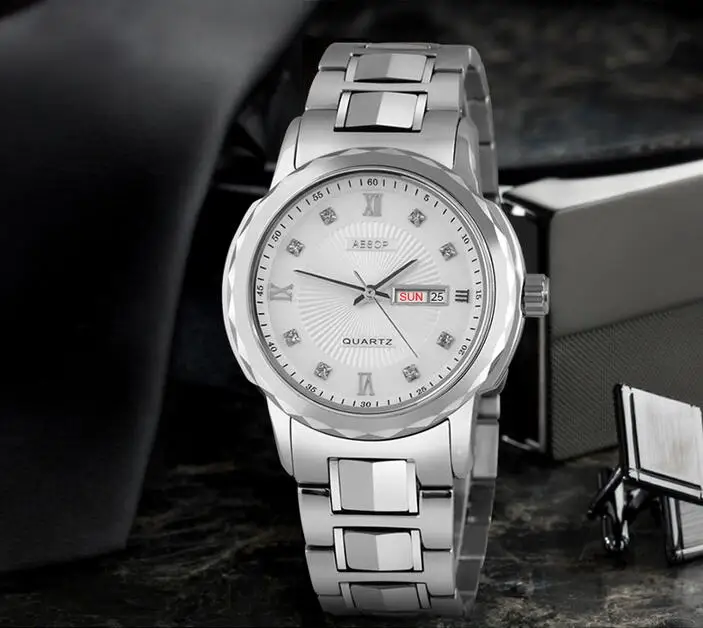 

AESOP Business Quartz Watches Men Full Stainless Steel Roman Numerals Dial Waterproof Male Double Calendar Multi-Faceted Band