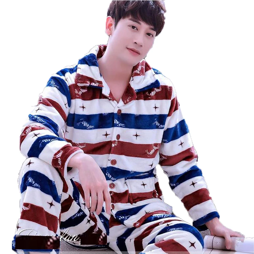 Winter Pajamas Men Thick Coral Fleece Man Pajamas Sets O-Neck Long Sleeve Pyjamas For Men Sleepwear Warm Pajamas Male Homewear